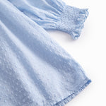 Langærmet lyseblå kjole med broderimønster, elastik ved håndleddene og rund halsudskæring med bølgede kanter