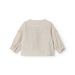 Langærmet beige baby skjorte med kinakrave og knaplukning foran