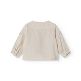 Langærmet beige baby skjorte med kinakrave og knaplukning foran