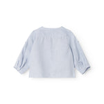 Langærmet lyseblå baby skjorte med kinakrave og knaplukning foran