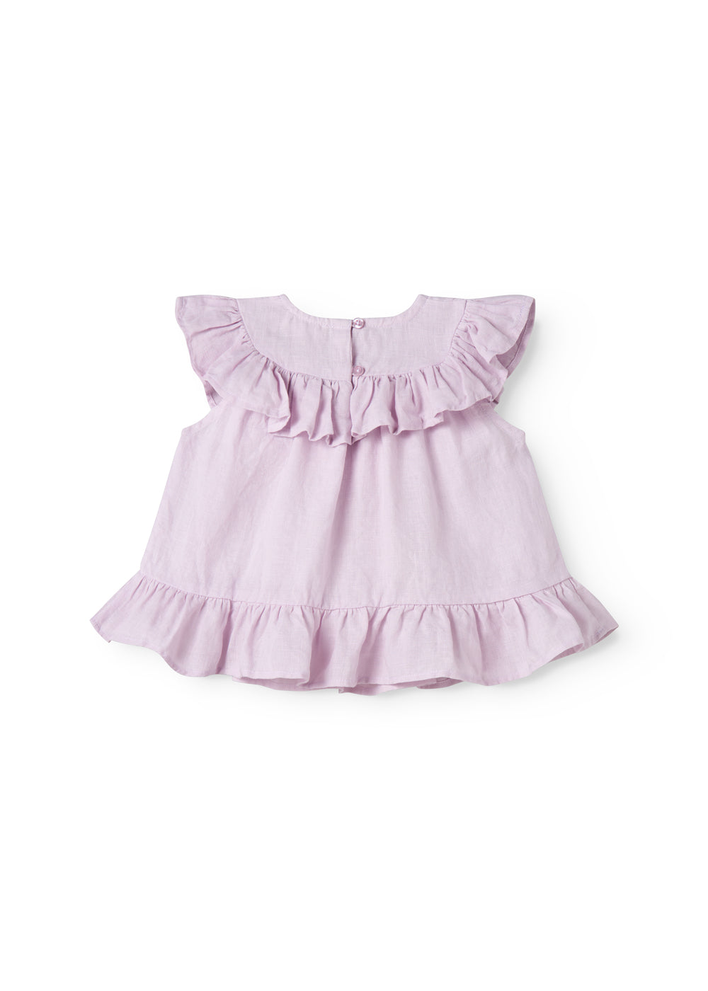 Ærmeløs lys lilla top til baby med flæsedetaljer