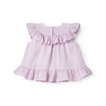 Ærmeløs lys lilla top til baby med flæsedetaljer