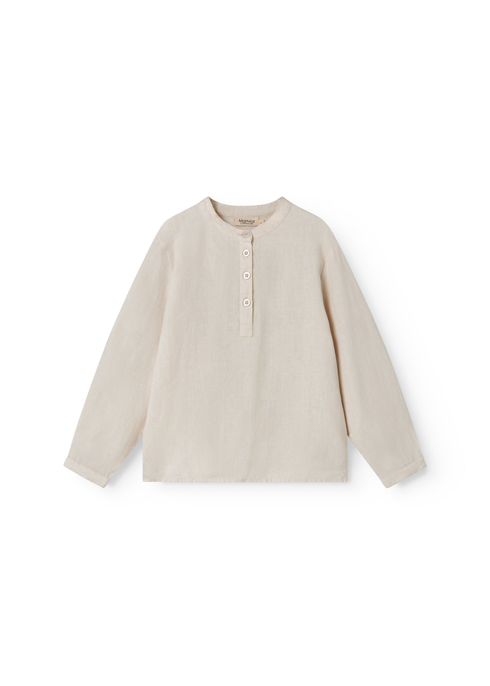 Beige long-sleeved shirt for children with a Mandarin collar and front button-up.