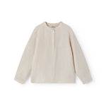 Beige long-sleeved shirt for children with a Mandarin collar and front button-up.