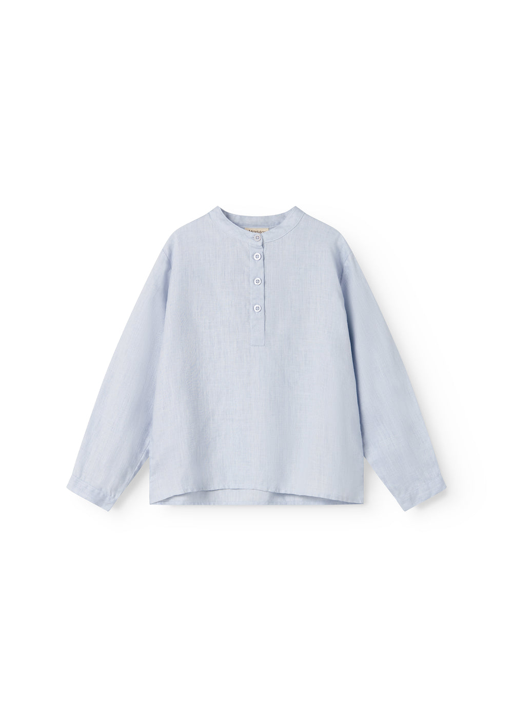 Light blue long-sleeved shirt for children with a crew neck and front button-up.
