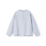 Light blue long-sleeved shirt for children with a crew neck and front button-up.
