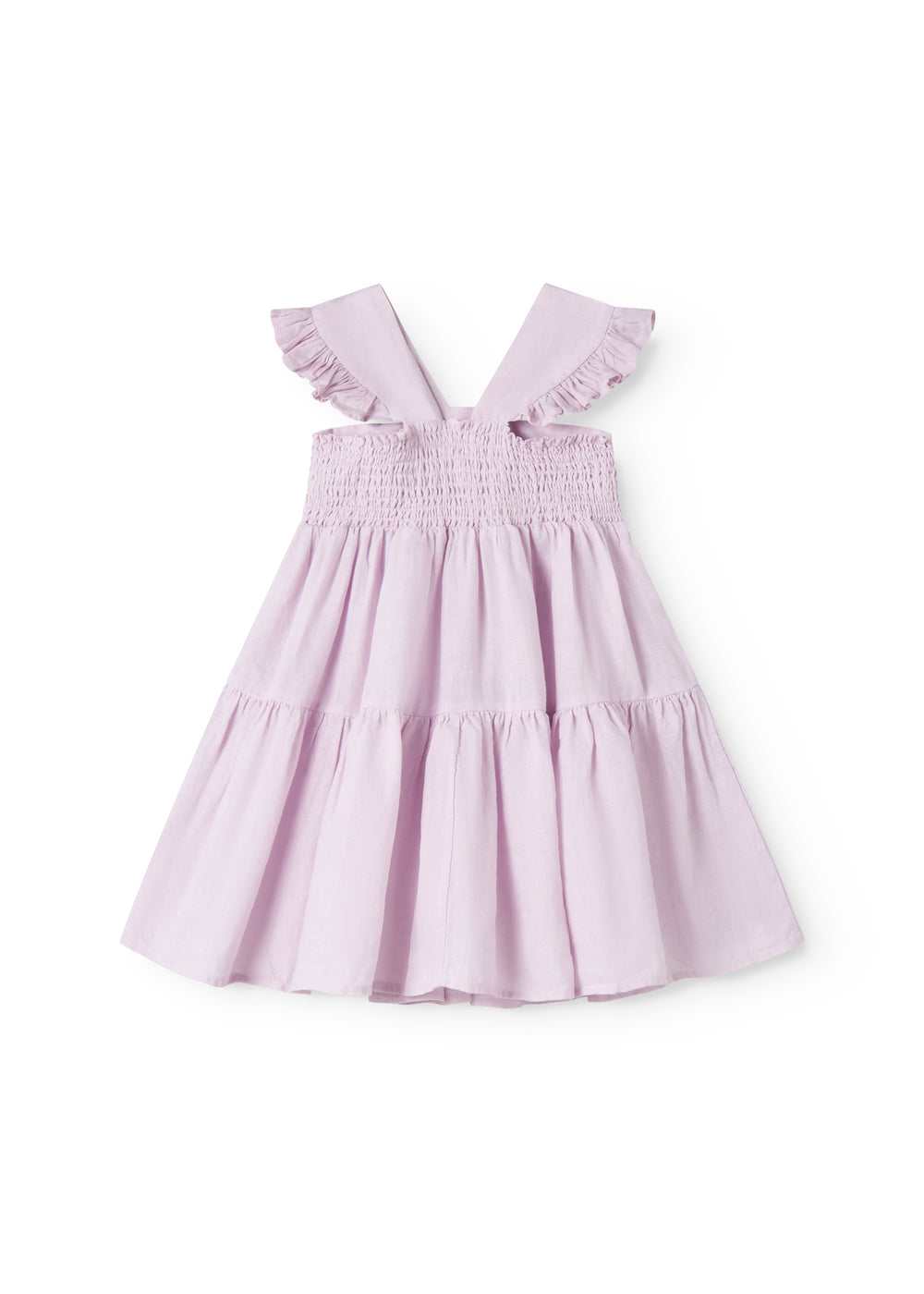 Ærmeløs lyserød kjole til børn med brede stropper og flæser på skulderen og smock bagpå