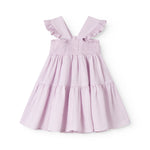 Ærmeløs lyserød kjole til børn med brede stropper og flæser på skulderen og smock bagpå