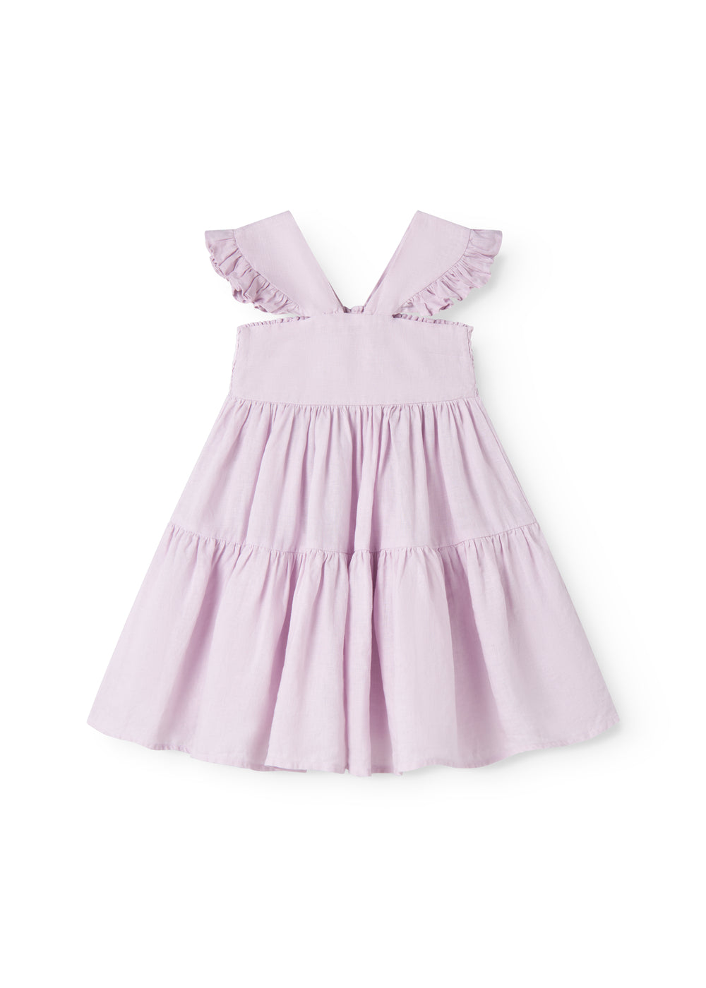 Sleeveless bright red dress for children with wide stripes and frills on the shoulder and a smock at the back.