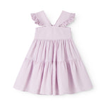 Sleeveless bright red dress for children with wide stripes and frills on the shoulder and a smock at the back.