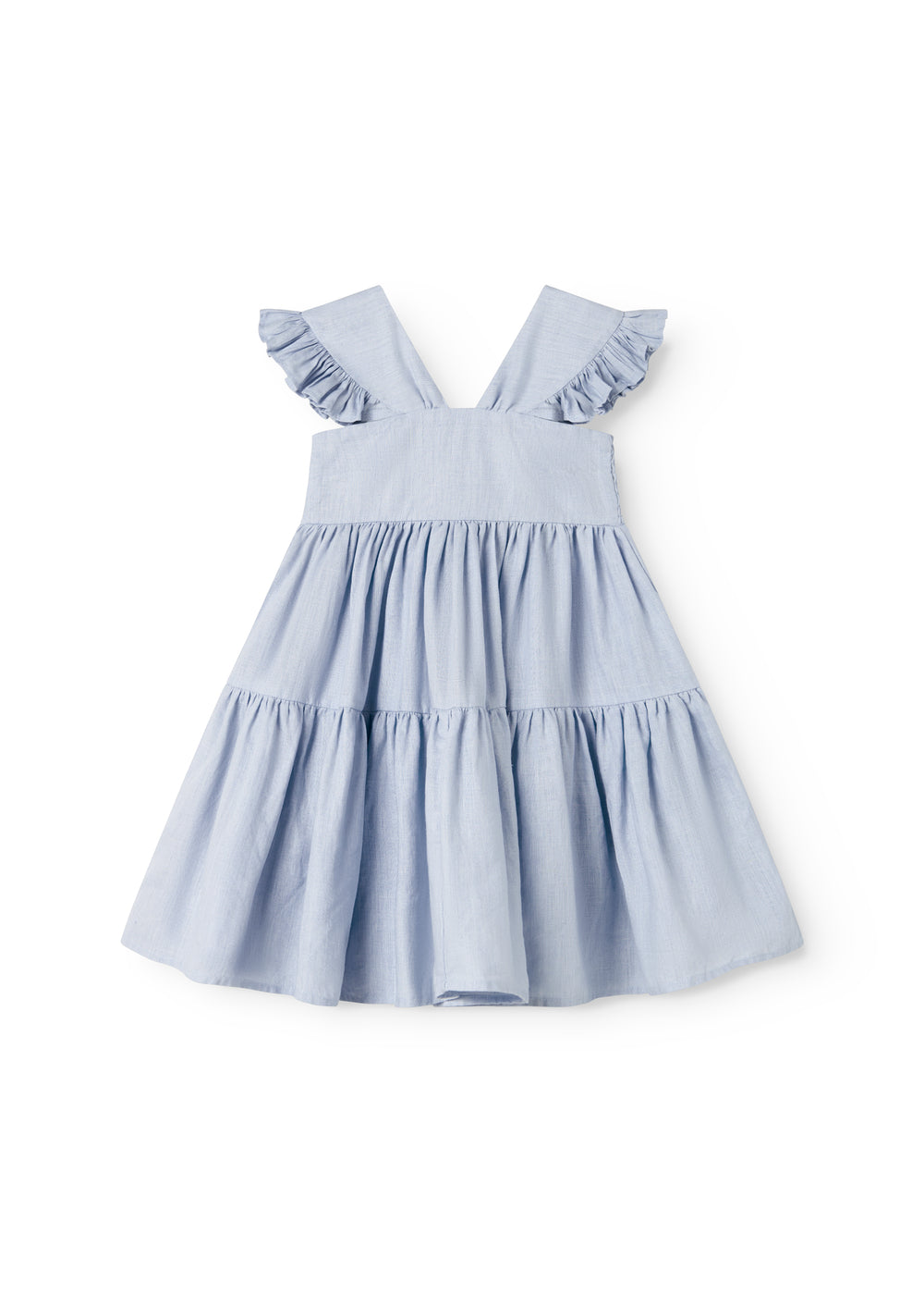 Sleeveless dress for children with straps and frills on the shoulder.