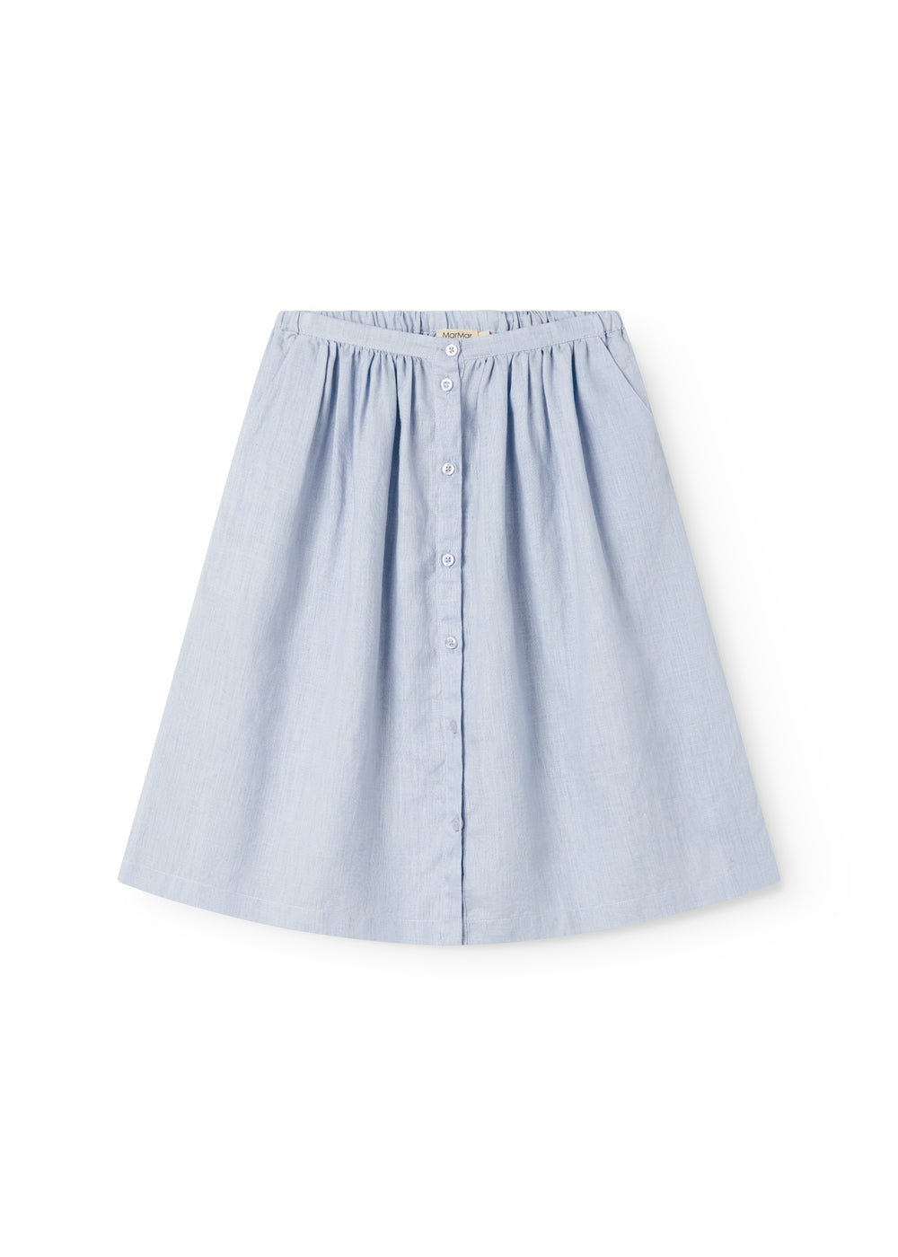 Light blue dress for children with side pockets and buttons.