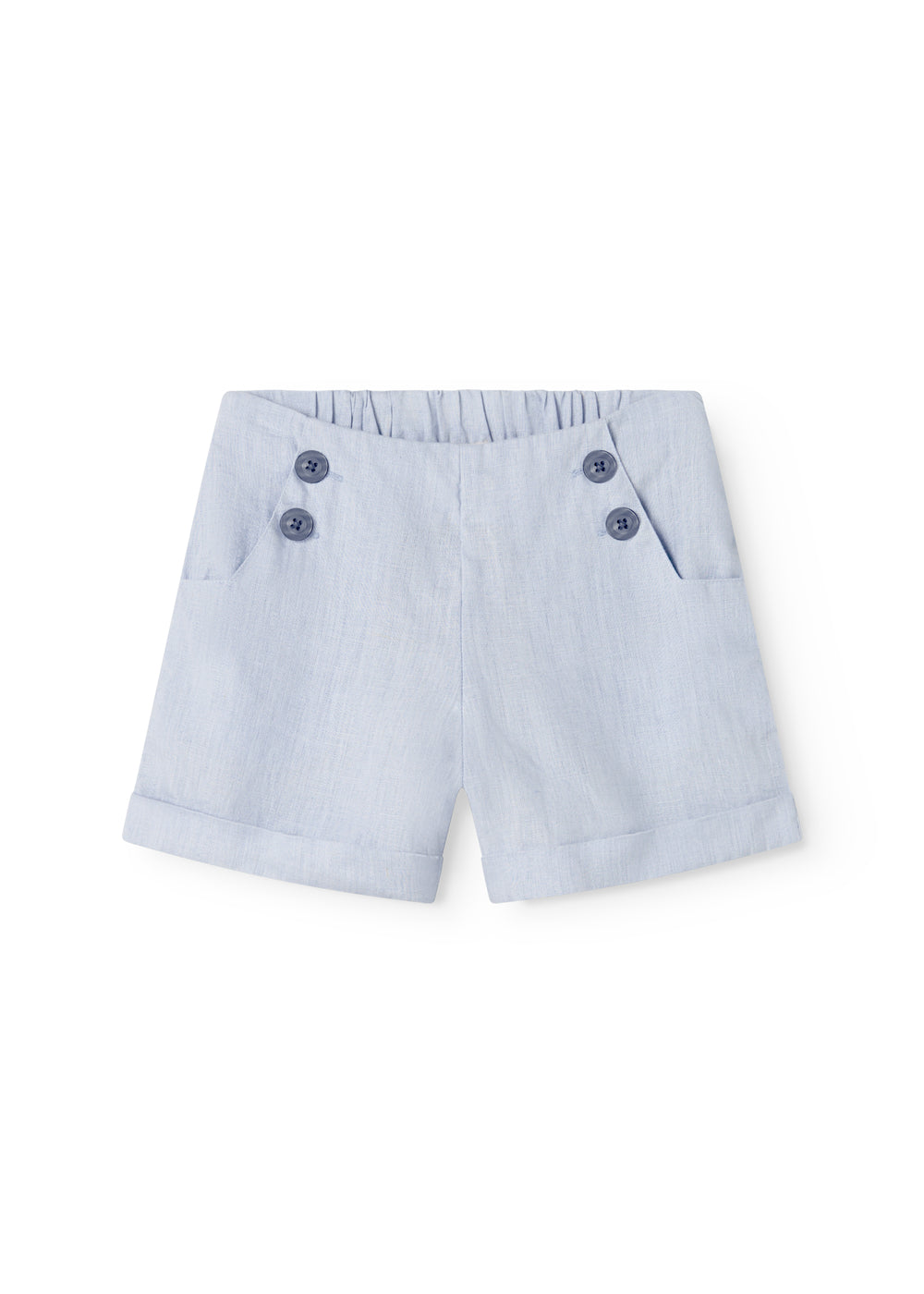 Lyseblå shorts til børn med knapper foran og opsmøget bukseben
