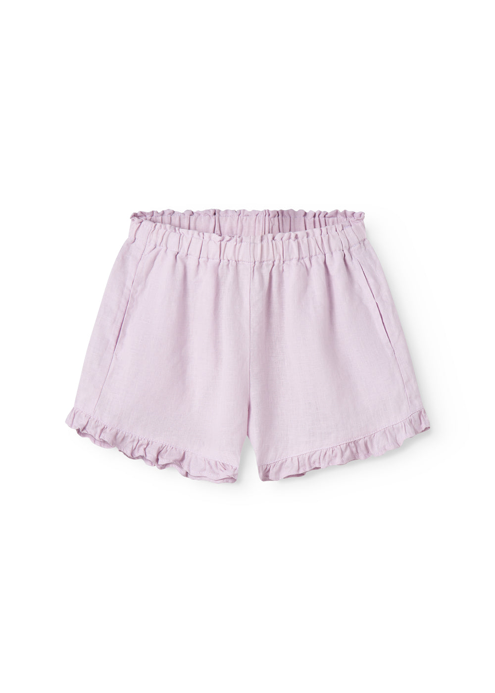 Light pink shorts for children with pleats and side pockets.