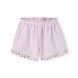 Light pink shorts for children with pleats and side pockets.