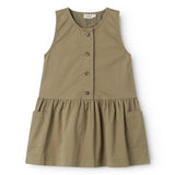 Sleeveless green chino dress for children with buttons.