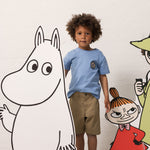 Child wearing a blue T-shirt and green shorts with a Moomin figure.