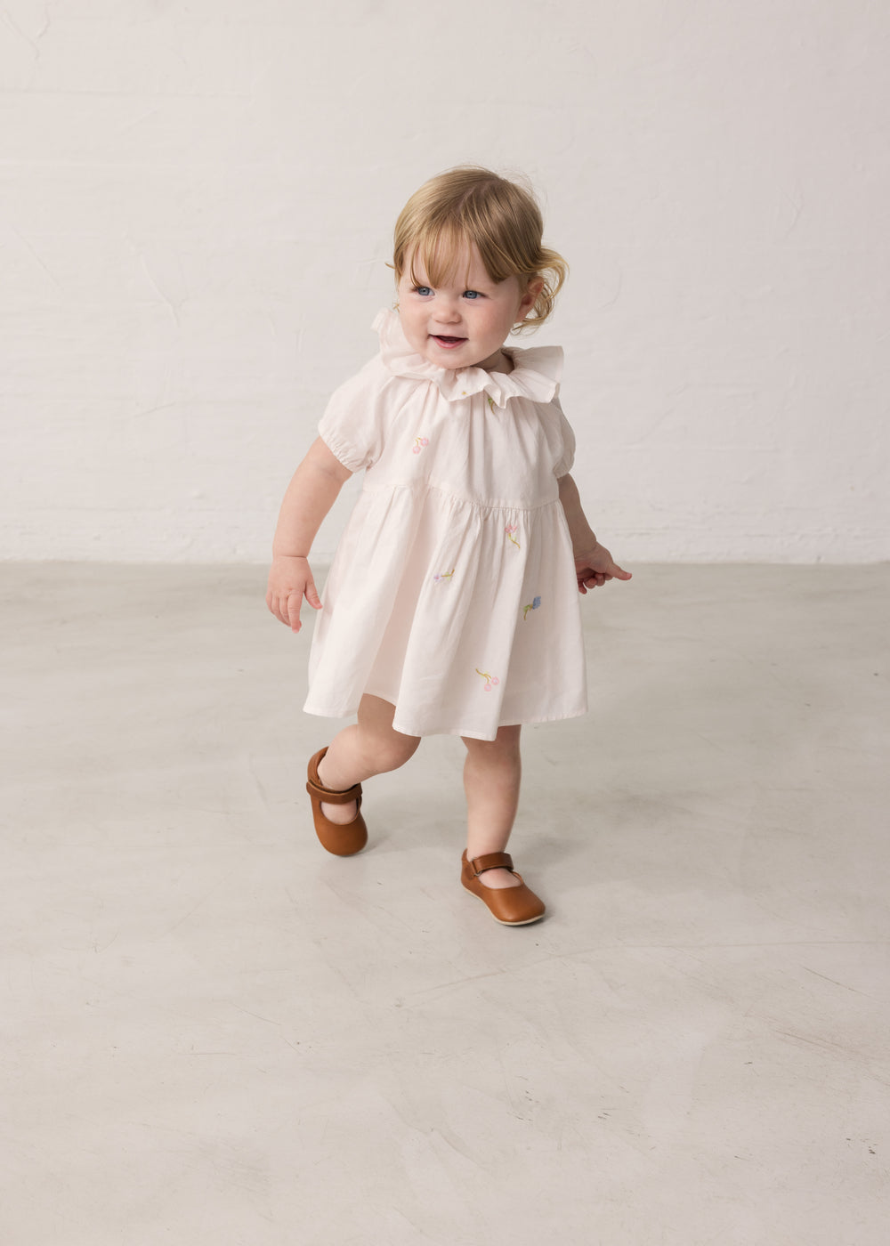 Baby pigeons wearing a short-sleeved dress with fine floral embroidery, short sleeves, and collar.