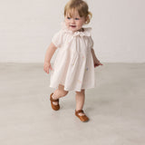 Baby pigeons wearing a short-sleeved dress with fine floral embroidery, short sleeves, and collar.