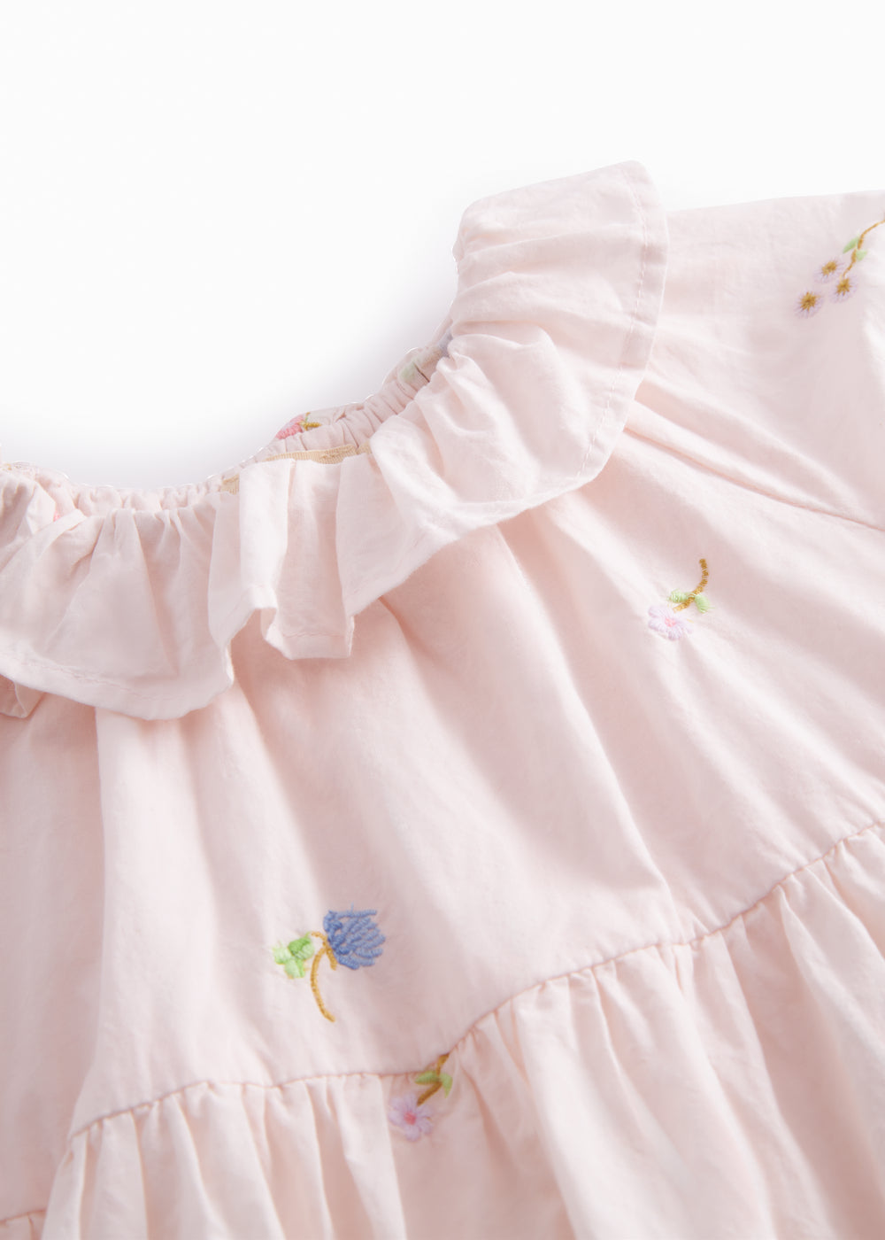 Short-sleeved baby dress with pretty floral embroidery, short sleeves, and collar.