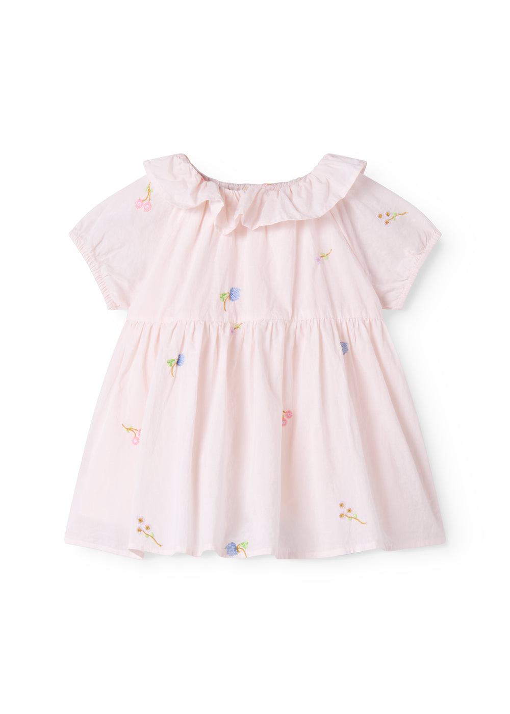 Short-sleeved baby dress with pretty floral embroidery, short sleeves, and collar.