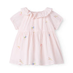 Short-sleeved baby dress with pretty floral embroidery, short sleeves, and collar.