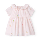 Short-sleeved baby dress with pretty floral embroidery, short sleeves, and collar.