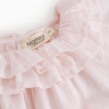 Baby dress with flower embroidery, short sleeves, and peter pan collar.