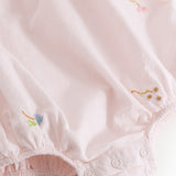 Baby dress with flower embroidery, short sleeves, and peter pan collar.