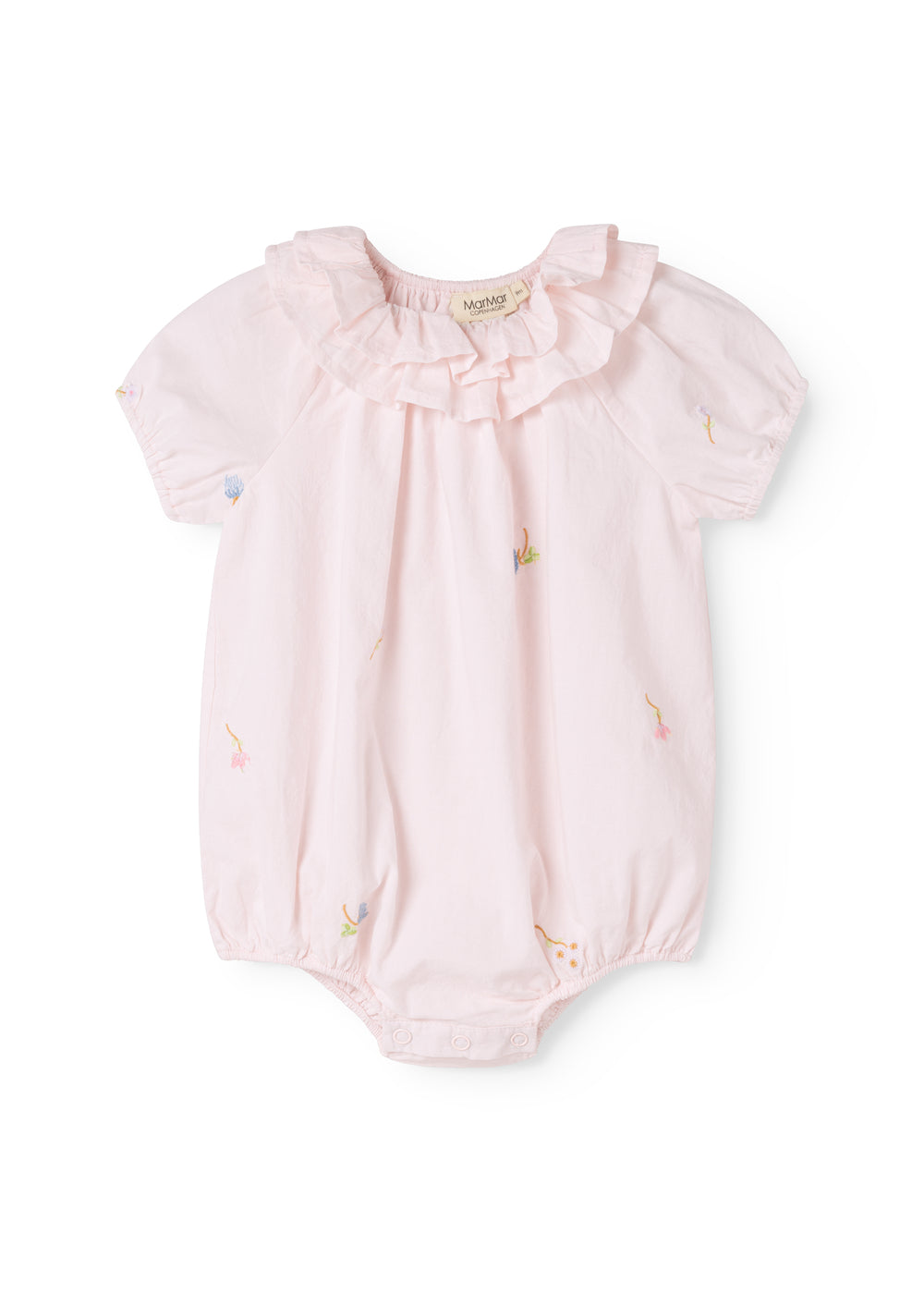 Baby dress with flower embroidery, short sleeves, and peter pan collar.