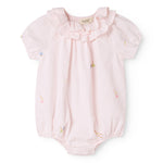 Baby dress with flower embroidery, short sleeves, and peter pan collar.