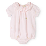 Baby dress with flower embroidery, short sleeves, and peter pan collar.