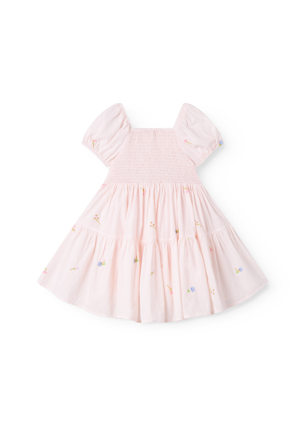 Red short-sleeved layered dress for children with a fine floral embroidery, puff sleeves, and smock effect.