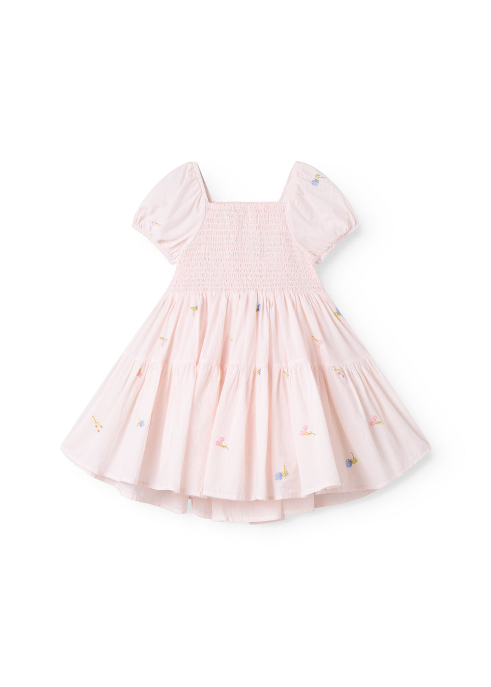 Red short-sleeved layered dress for children with a fine floral embroidery, puff sleeves, and smock effect.