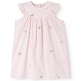 Red dress with small embroidery and puffed sleeves for children.