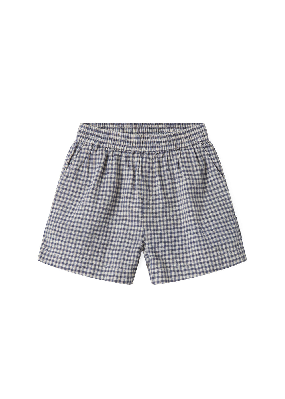 Sort and white net shorts for children with side pockets, elastic in the waist, and a pocket at the back.