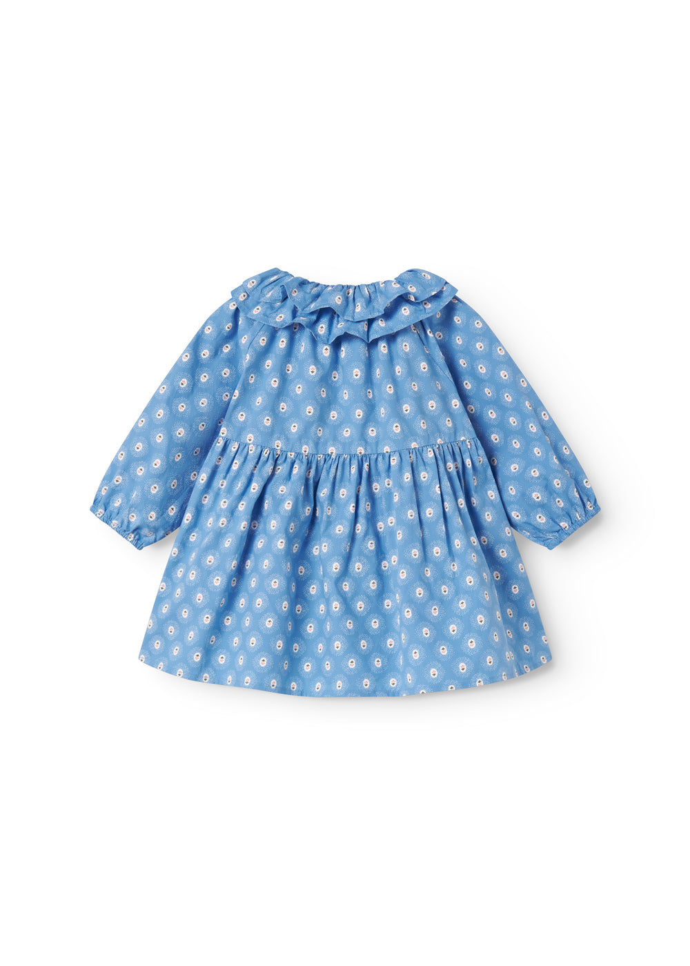 Blå babykjole med lange ærmer, flæsekrave og blomsterprint