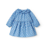 Blå babykjole med lange ærmer, flæsekrave og blomsterprint