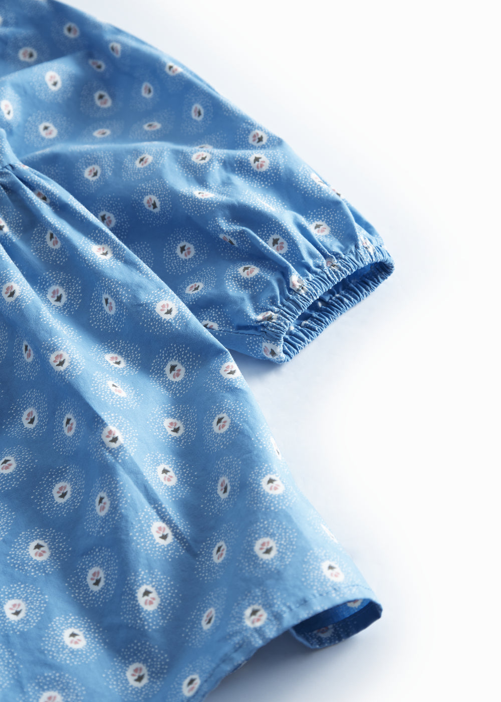 Blue baby dress with long sleeves, peter pan collar, and floral print.