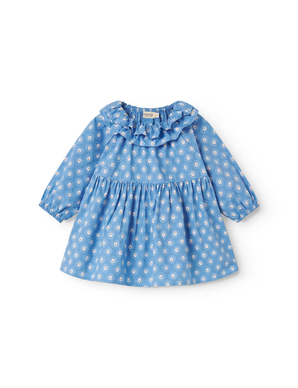 Blue baby dress with long sleeves, peter pan collar, and floral print.