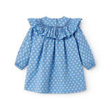 Blå børnekjole med lange ærmer, flæser  og små blomster