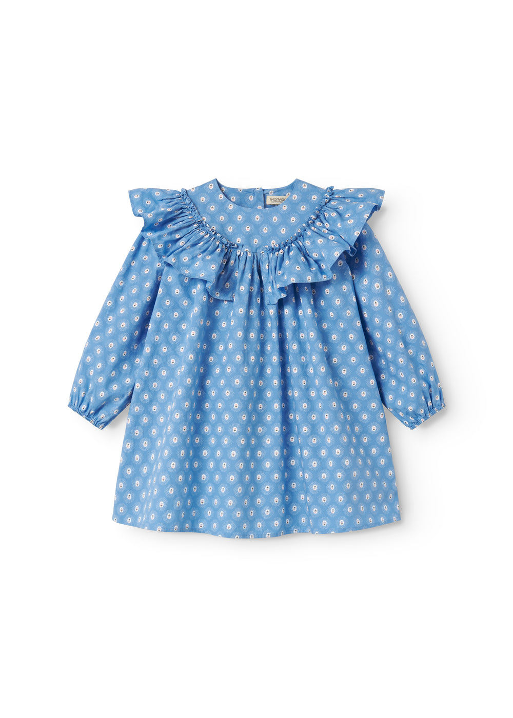 Blue children's dress with long sleeves, flounces, and small flowers.