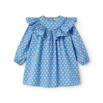 Blue children's dress with long sleeves, flounces, and small flowers.