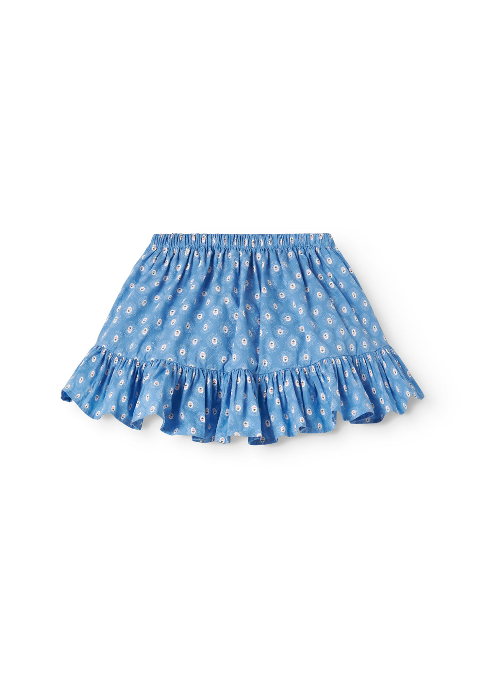 Blå børnenederdel med små blomster og flæsekant
