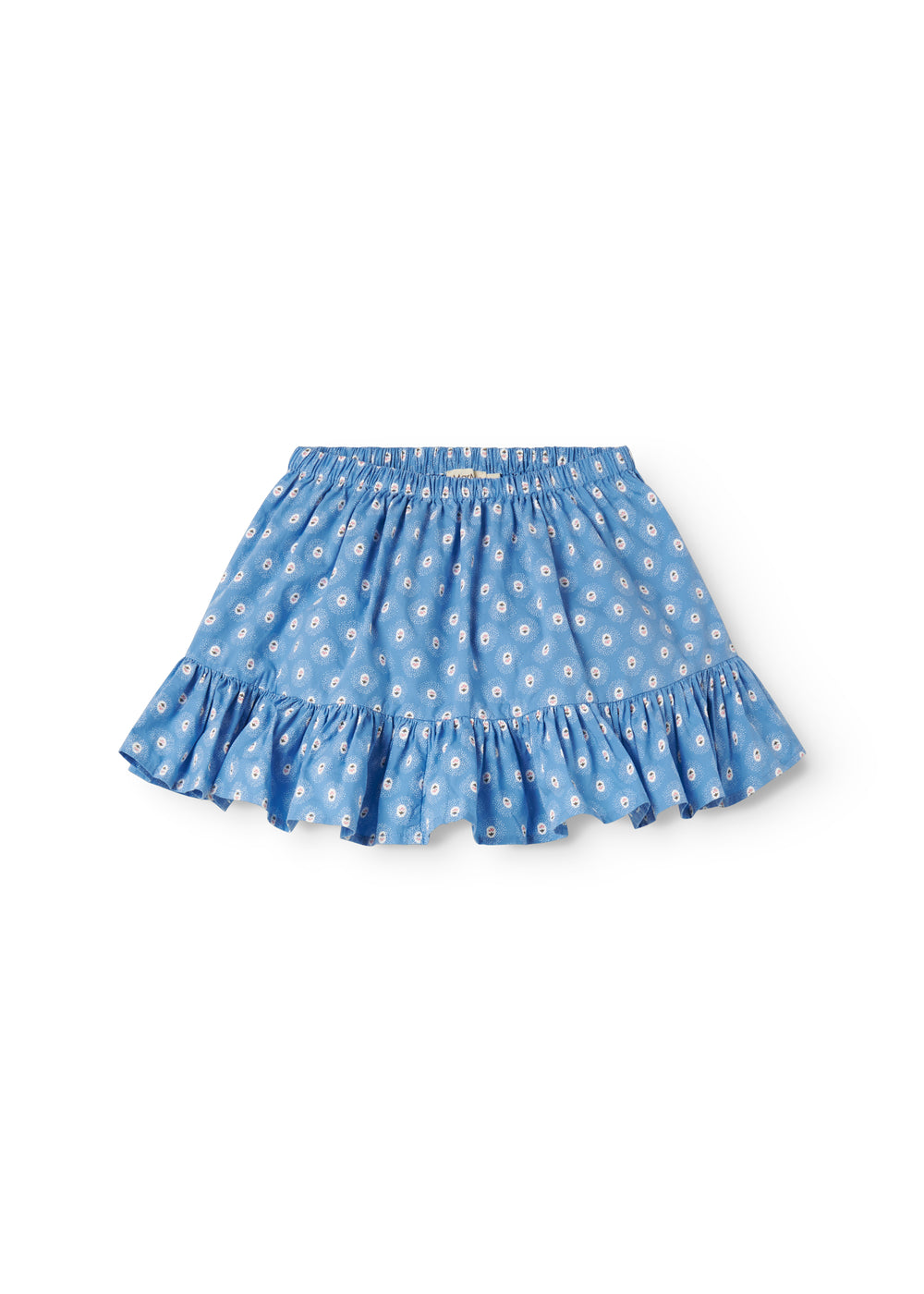 Blue children's pants with small flowers and fringed edges.