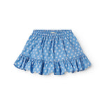 Blue children's pants with small flowers and fringed edges.