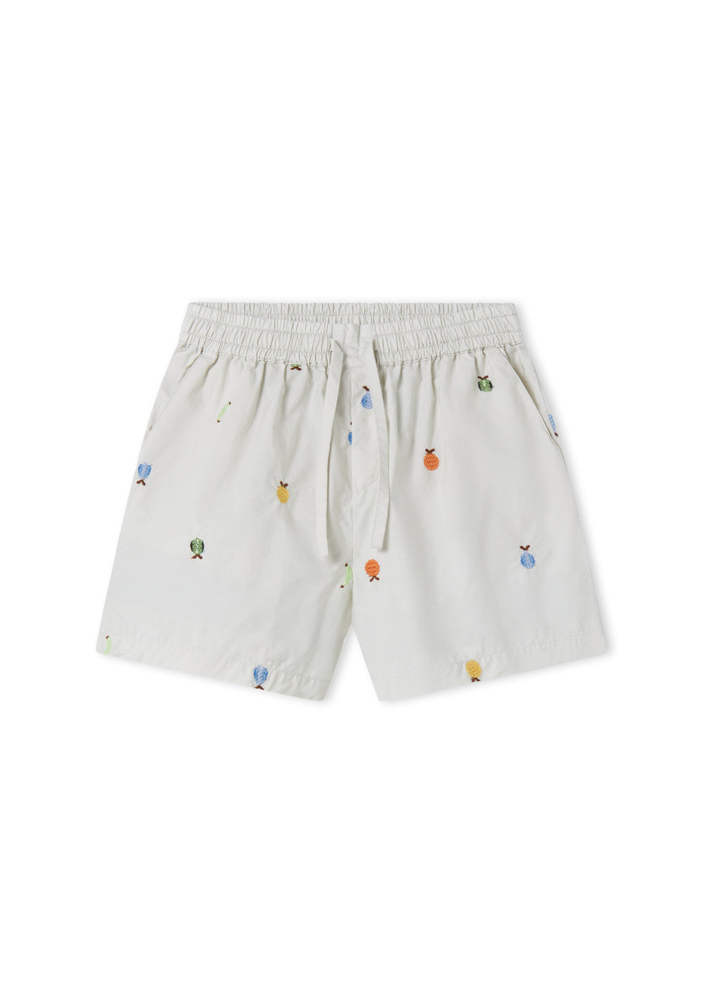 Lys children's shorts with embroidered fruits and elastic waist.