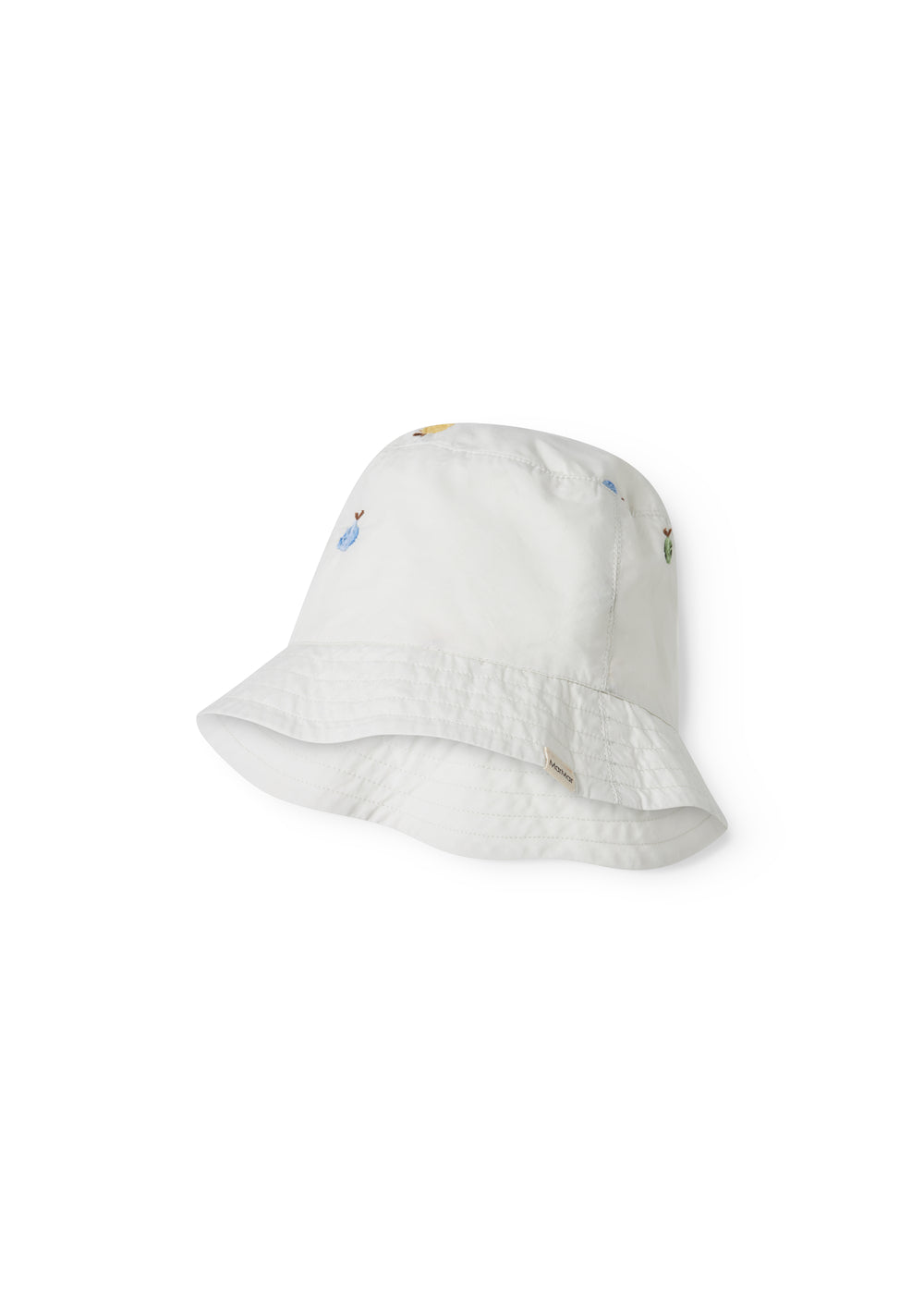 Light-colored ball cap for children with embroidered fruits.