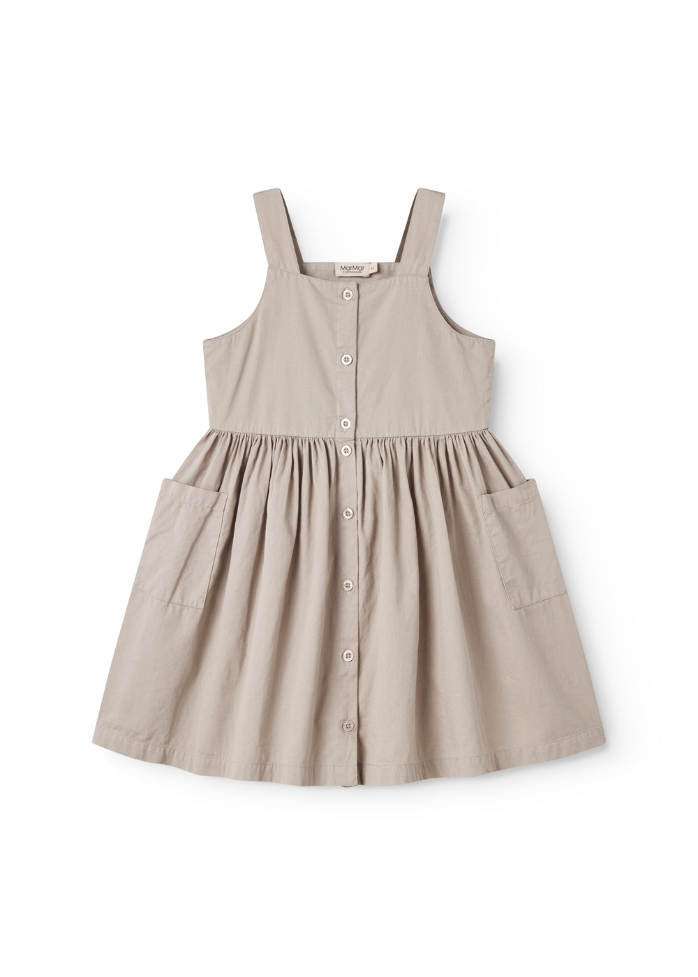 Gray sleeveless dress for children with wide stripes, buttons, and pockets.