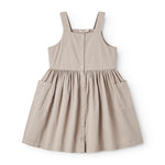 Gray sleeveless dress for children with wide stripes, buttons, and pockets.